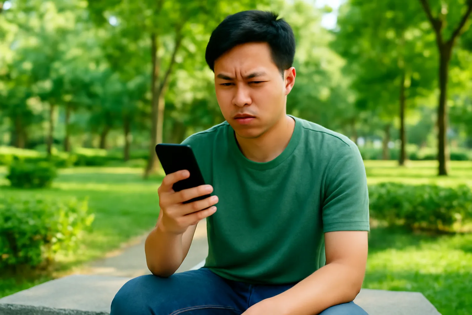 Chàng trai nhíu mày nhìn điện thoại trên ghế đá công viên buổi sáng