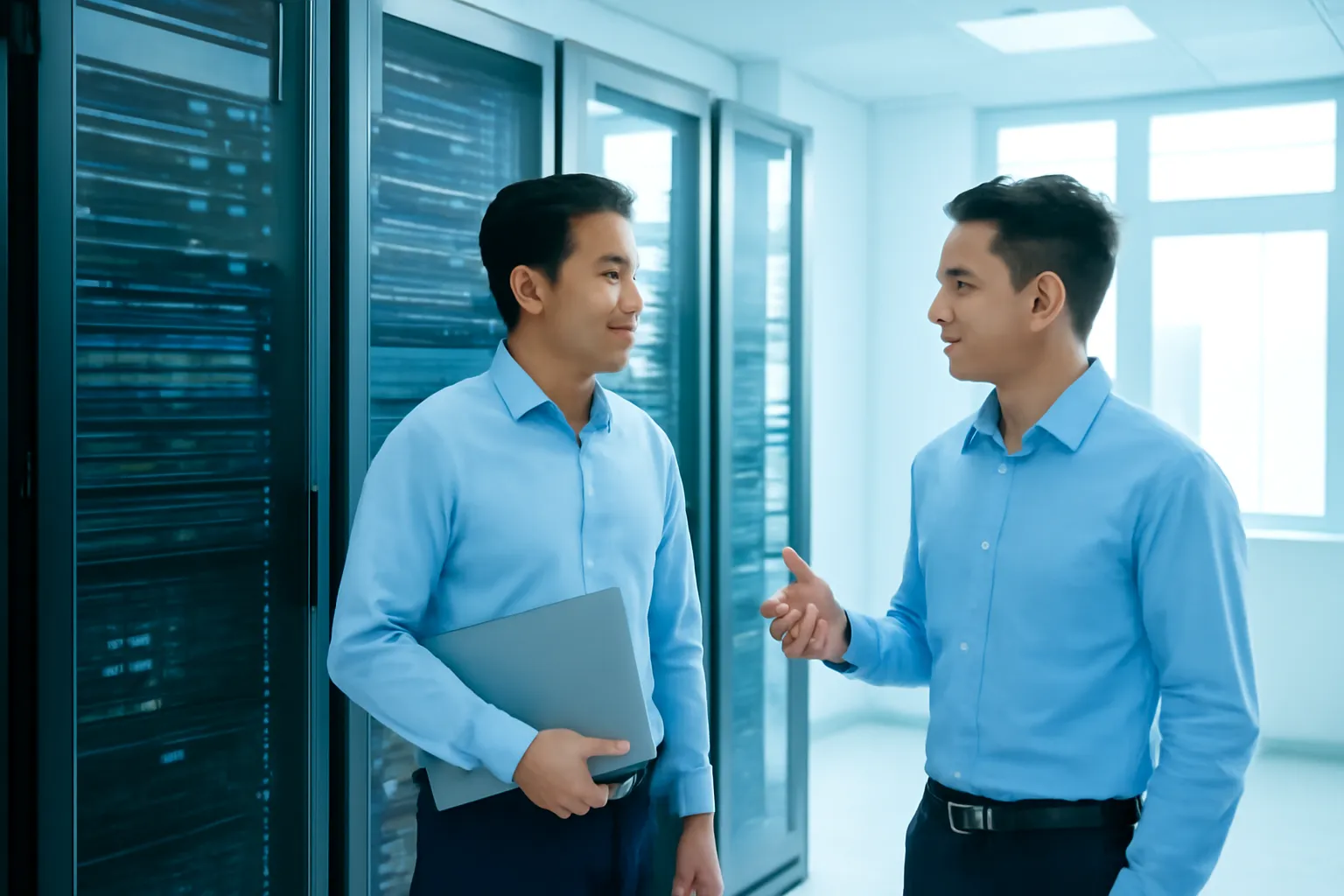 Hai kỹ sư đứng cạnh giá máy chủ trong phòng máy sáng đèn