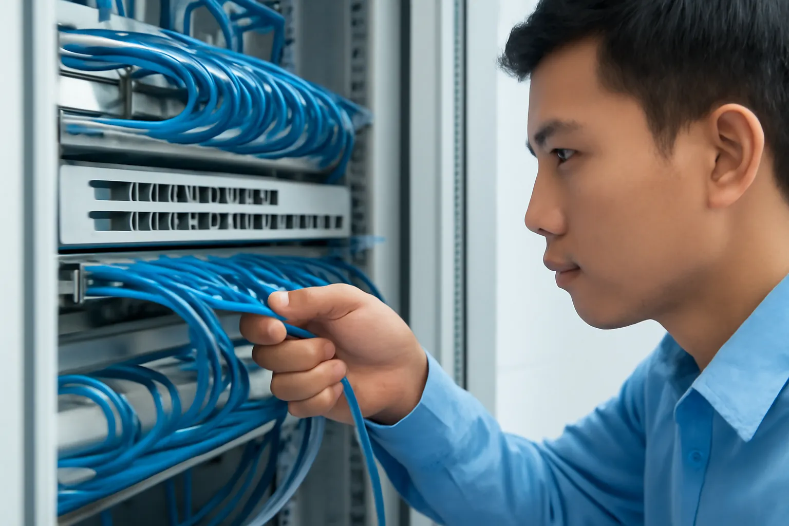 Bàn tay cắm dây mạng xanh vào bộ chia mạng trong tủ kỹ thuật gọn gàng