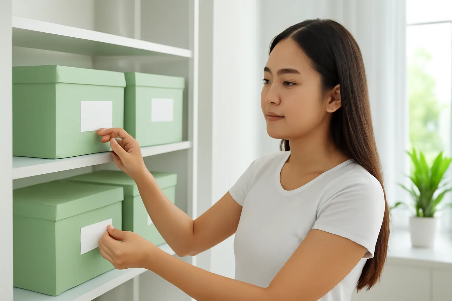 Cô gái dán nhãn trơn lên các hộp đựng đồ trên kệ gọn gàng