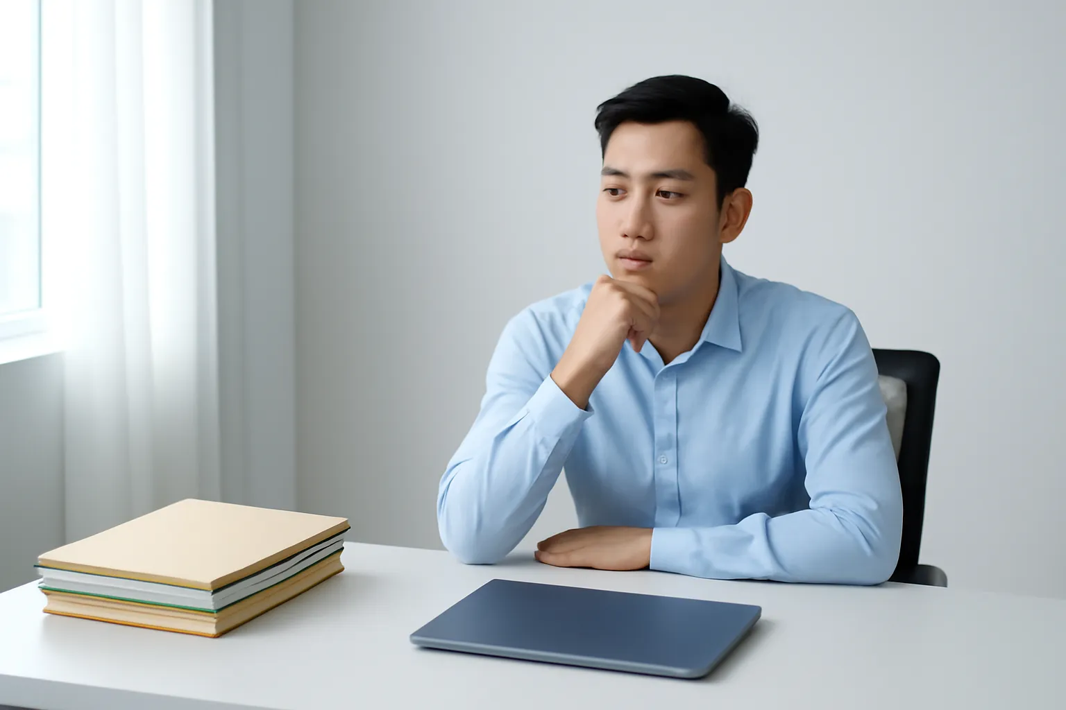Lập trình viên mới ngồi bàn trống trong văn phòng bên chồng hồ sơ bìa trơn