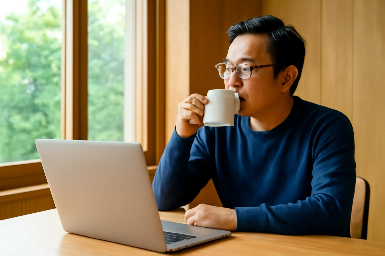 Anh lập trình viên trung niên uống trà bên cửa sổ buổi chiều