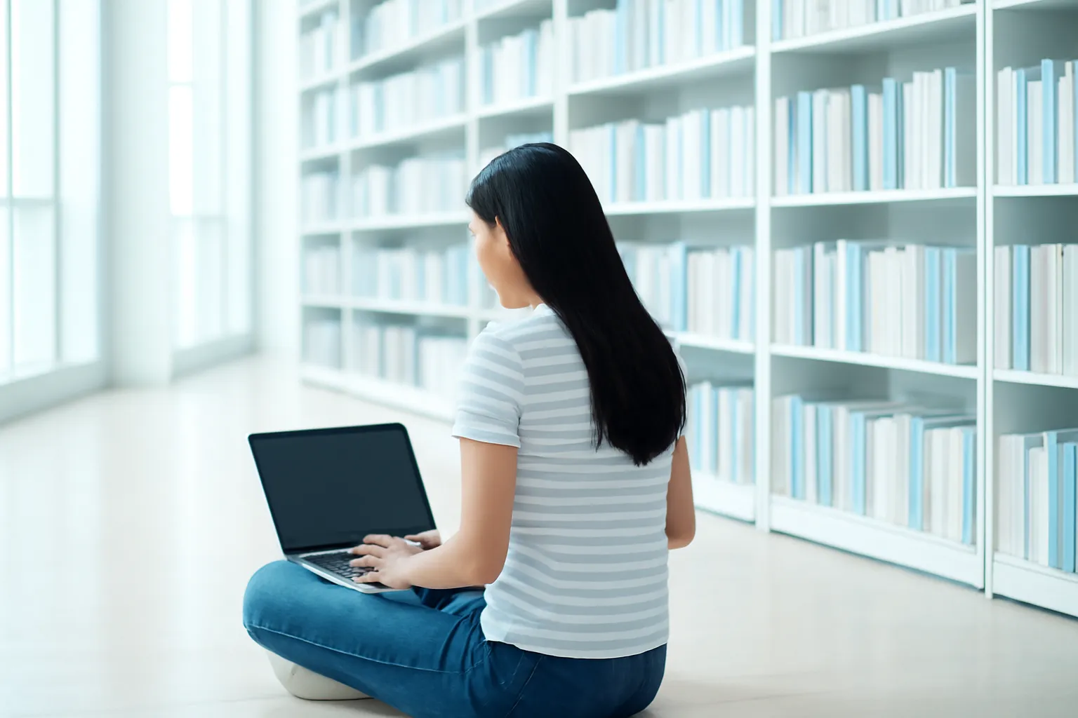 Cô gái ngồi dưới sàn thư viện hiện đại với laptop trên đùi