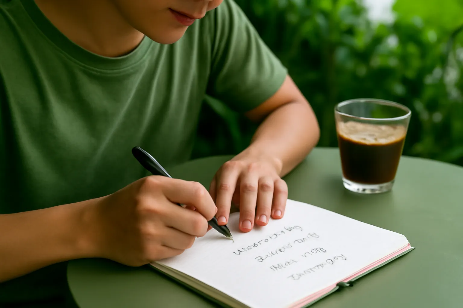 Chàng trai ghi từ vựng vào sổ tay ở quán cà phê có nhiều cây