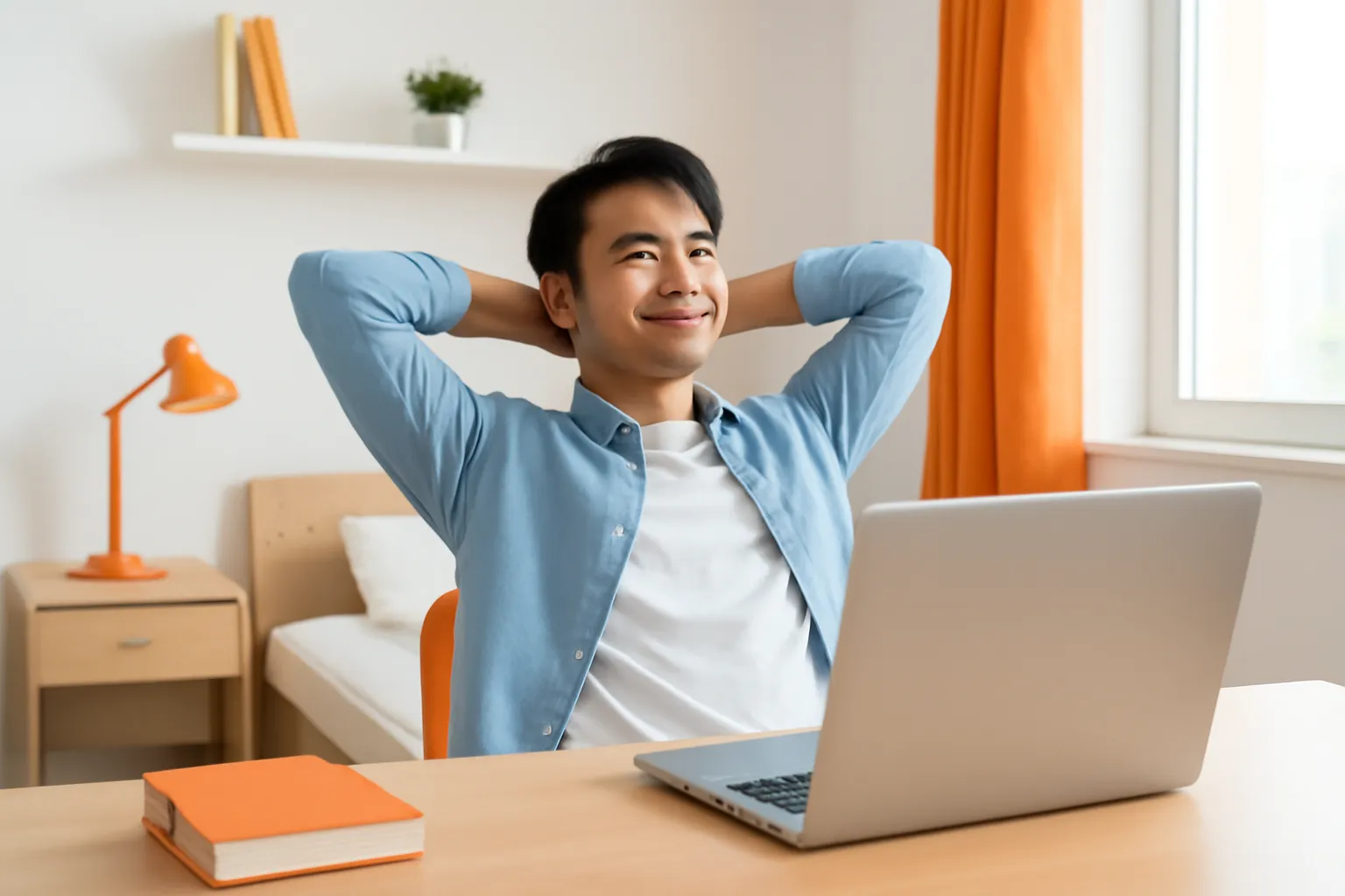 Cậu sinh viên thở phào dựa lưng ghế trong phòng trọ gọn gàng