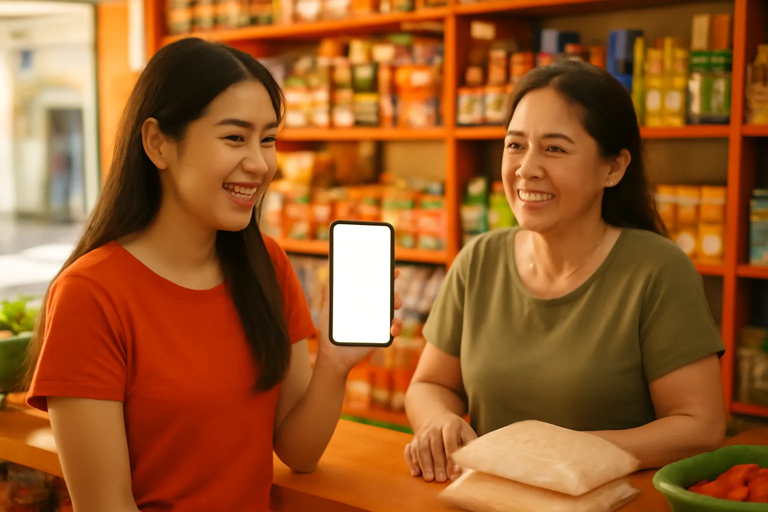 Cô gái đưa điện thoại cho mẹ xem trong tiệm tạp hoá nhỏ của gia đình