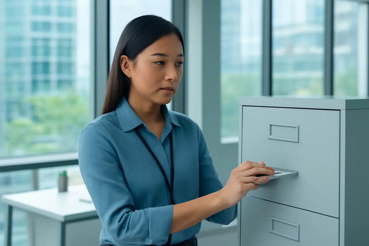 Chị trưởng nhóm khép cửa tủ tài liệu trong văn phòng kính