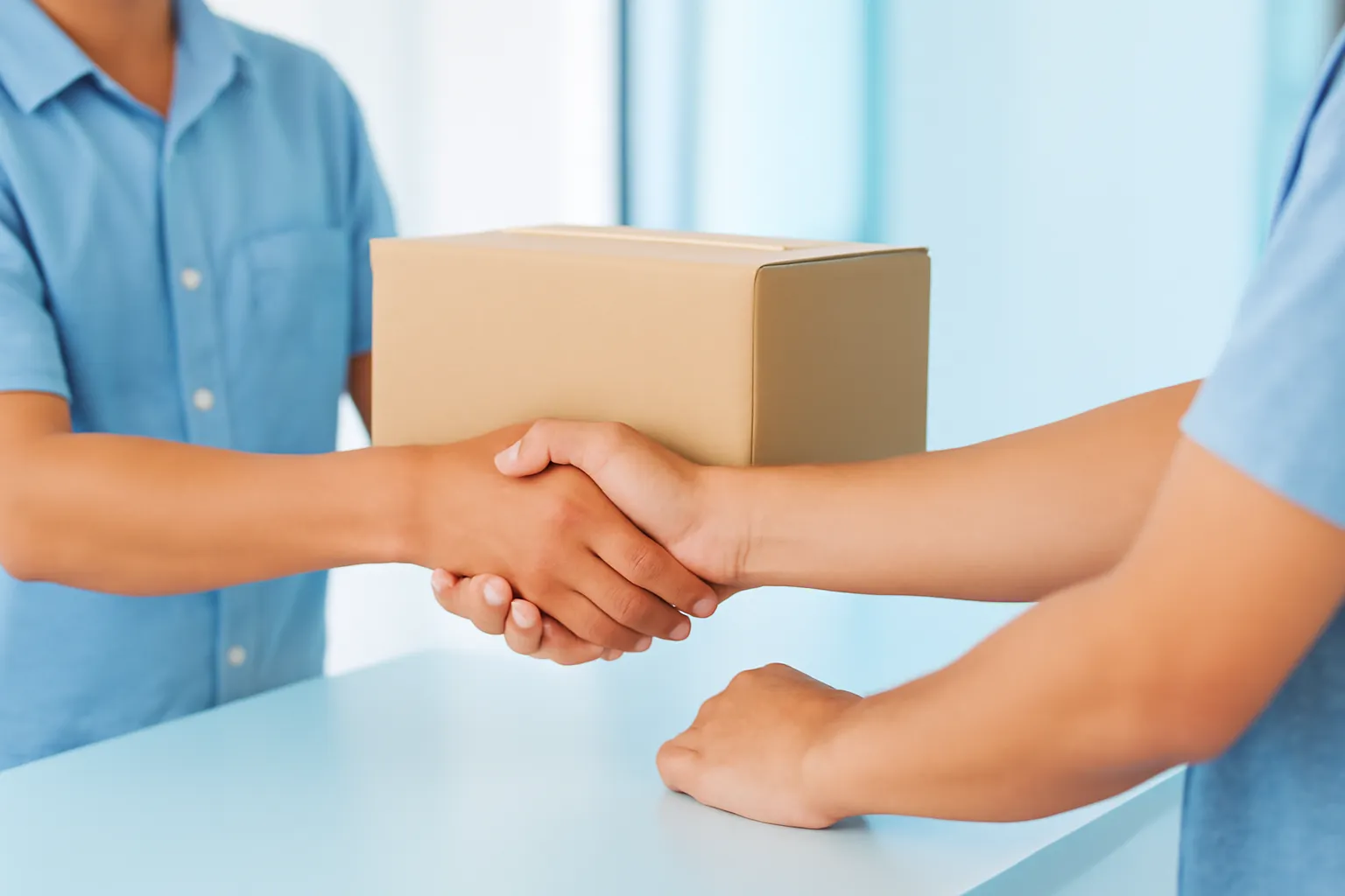 Hai người trao nhau hộp giấy qua quầy giao dịch sáng sủa