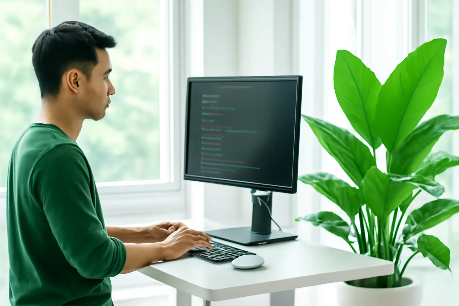 Anh lập trình viên gõ phím ở bàn đứng bên cây xanh lớn