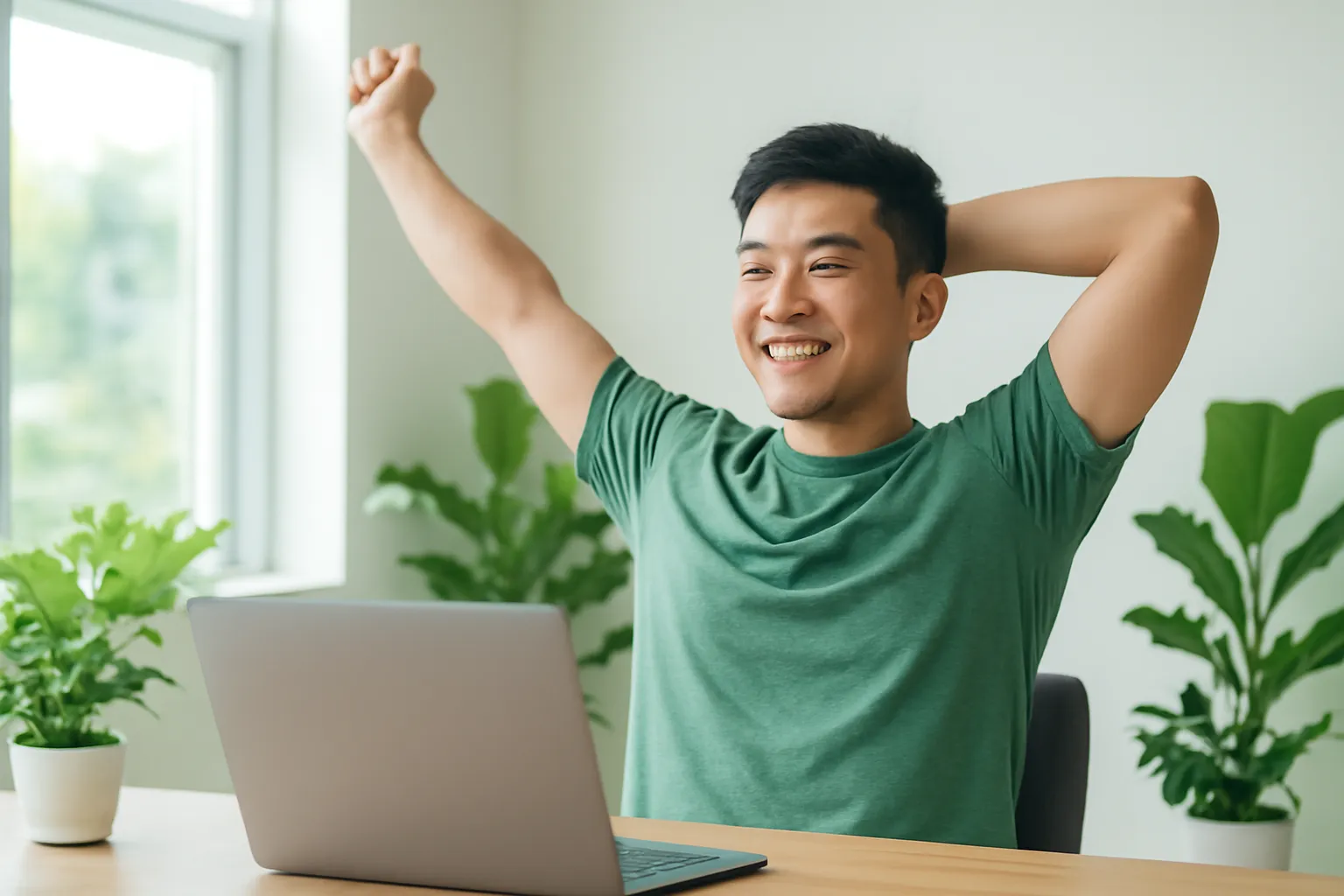 Anh lập trình viên giãn cơ vai bên bàn làm việc gần cửa sổ
