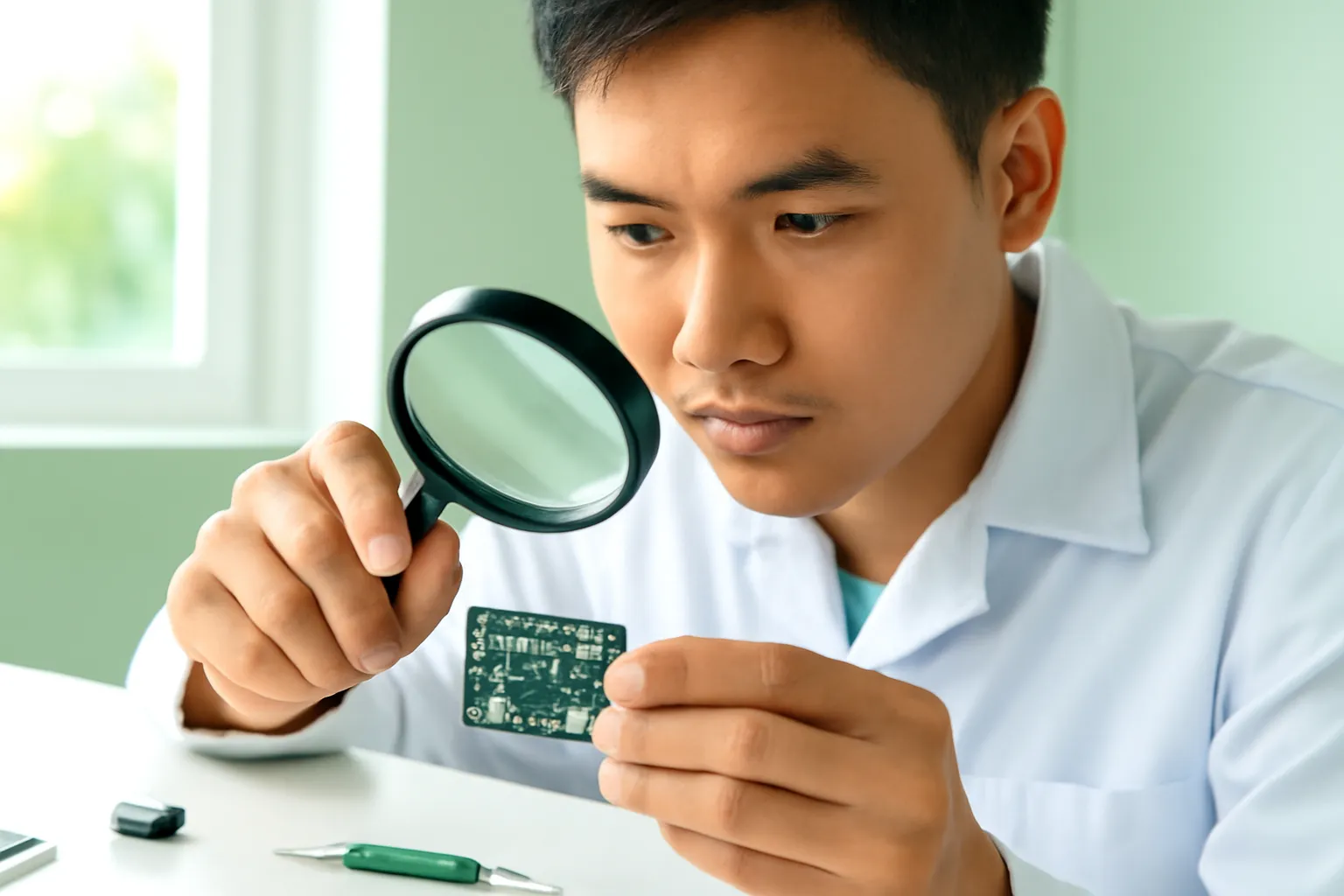 Kỹ sư cầm kính lúp soi một bảng mạch nhỏ trên bàn sáng