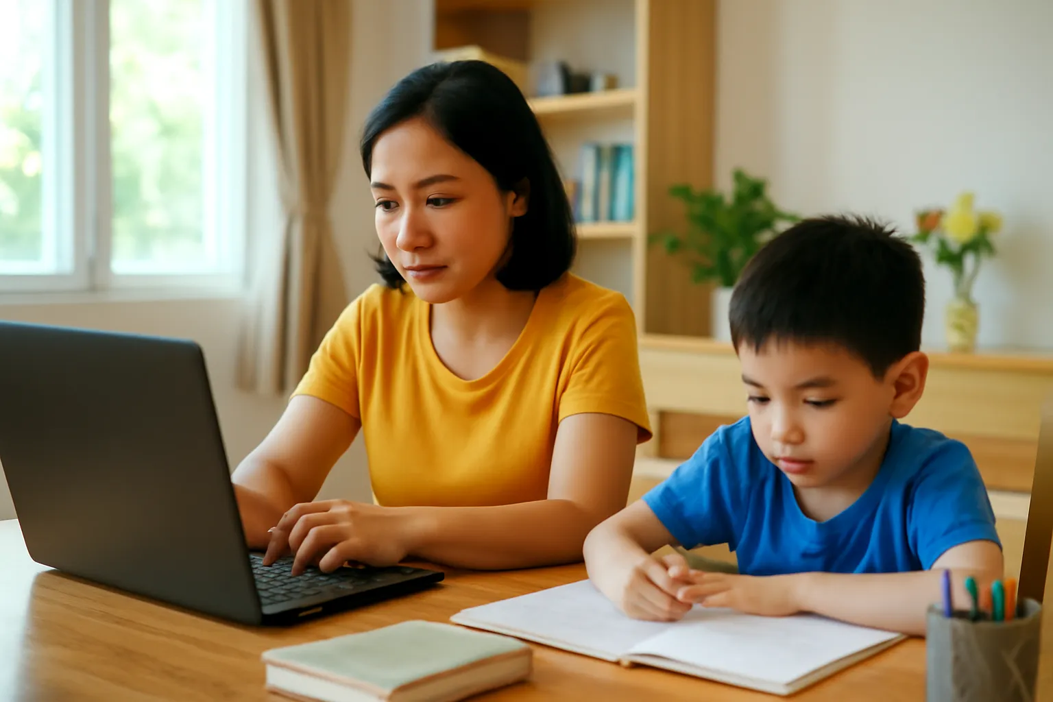 Người mẹ trung niên học lập trình buổi tối bên bàn ăn cạnh con nhỏ