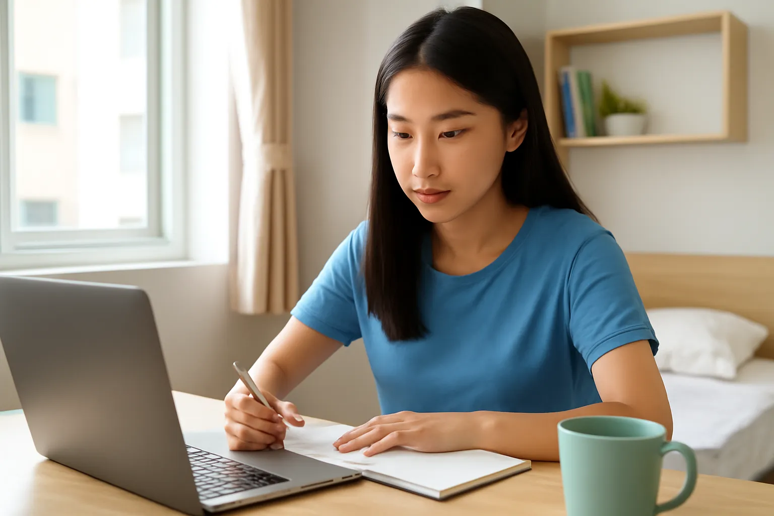 Nữ sinh viên năm nhất học lập trình bên bàn cạnh cửa sổ ký túc xá