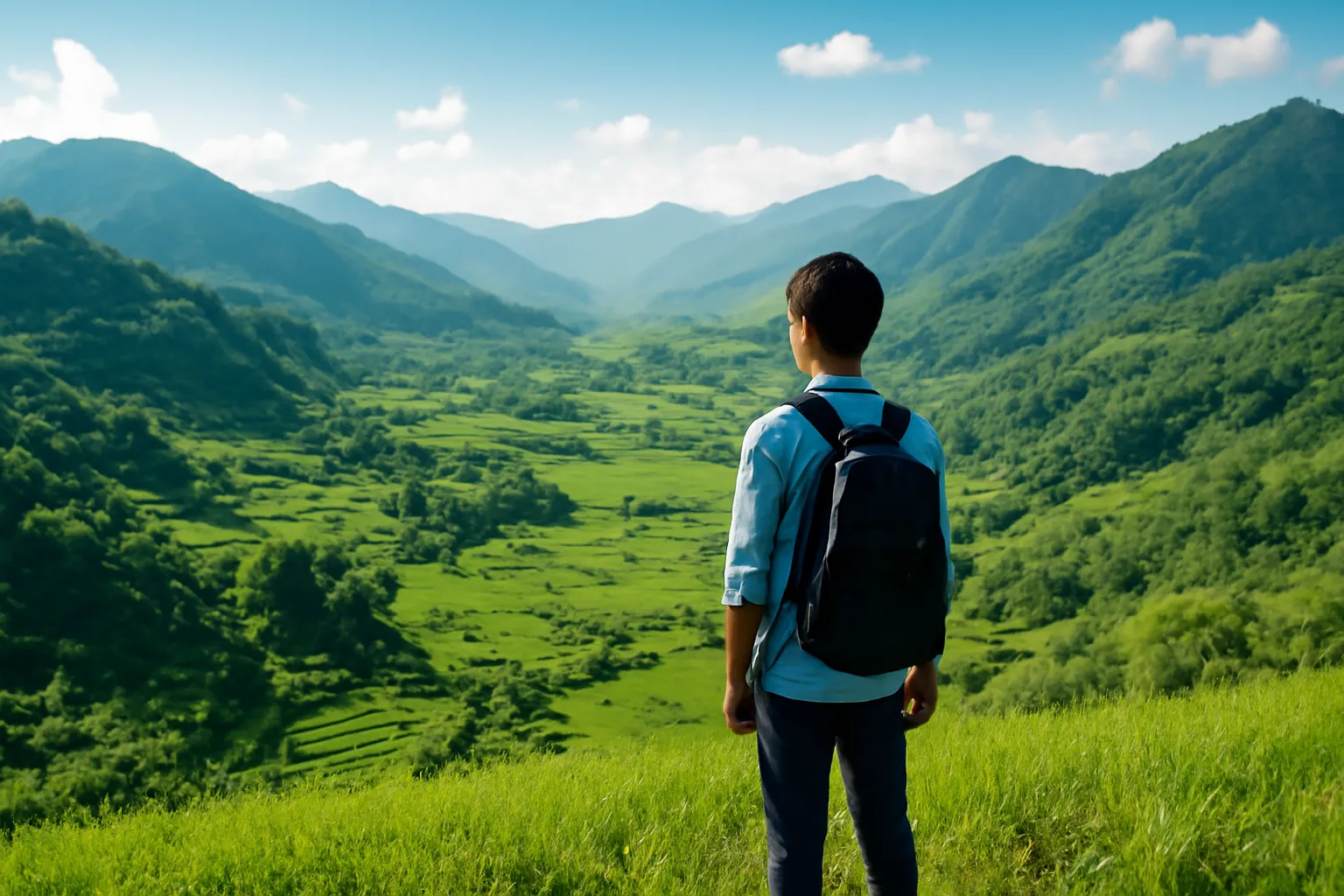 Người đứng trên đồi nhìn xuống thung lũng rộng buổi sáng