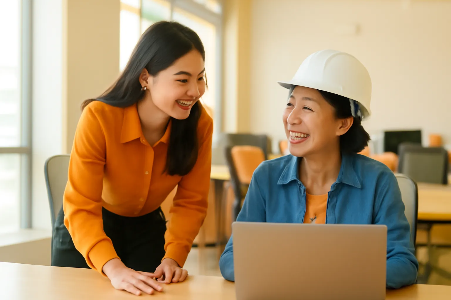 Cậu nhân viên mới nghiêng người hỏi chị kỹ sư ở bàn bên cạnh