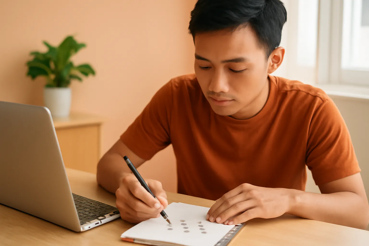 Chàng trai gập laptop, phác sơ đồ bằng bút vào sổ tay trên bàn gỗ