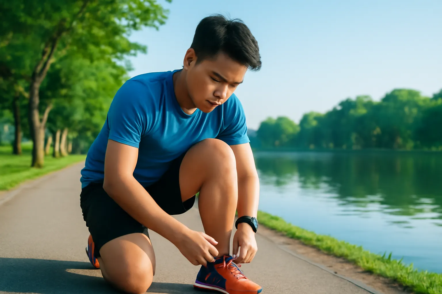 Người chạy bộ cúi buộc dây giày bên đường ven hồ buổi sáng