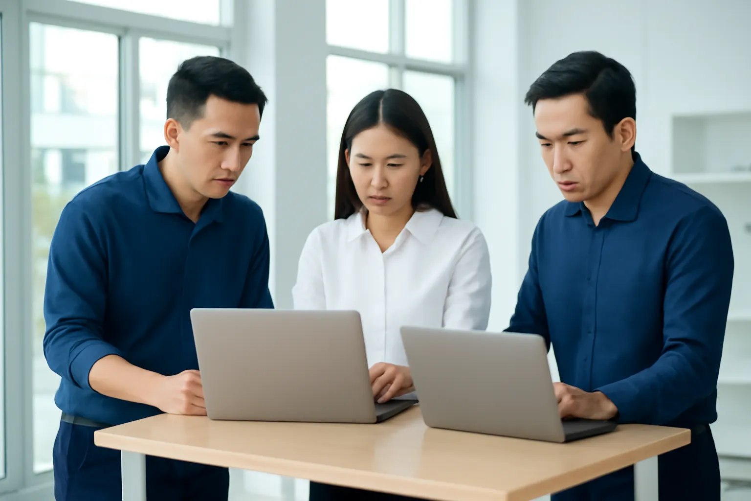 Ba kỹ sư đứng họp gấp quanh bàn cao trong văn phòng sáng