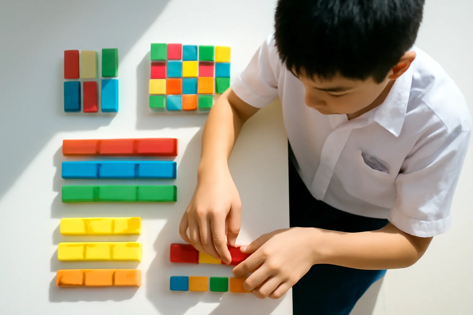 Cậu học sinh cấp ba xếp các khối gỗ nhiều màu thành hàng trên bàn