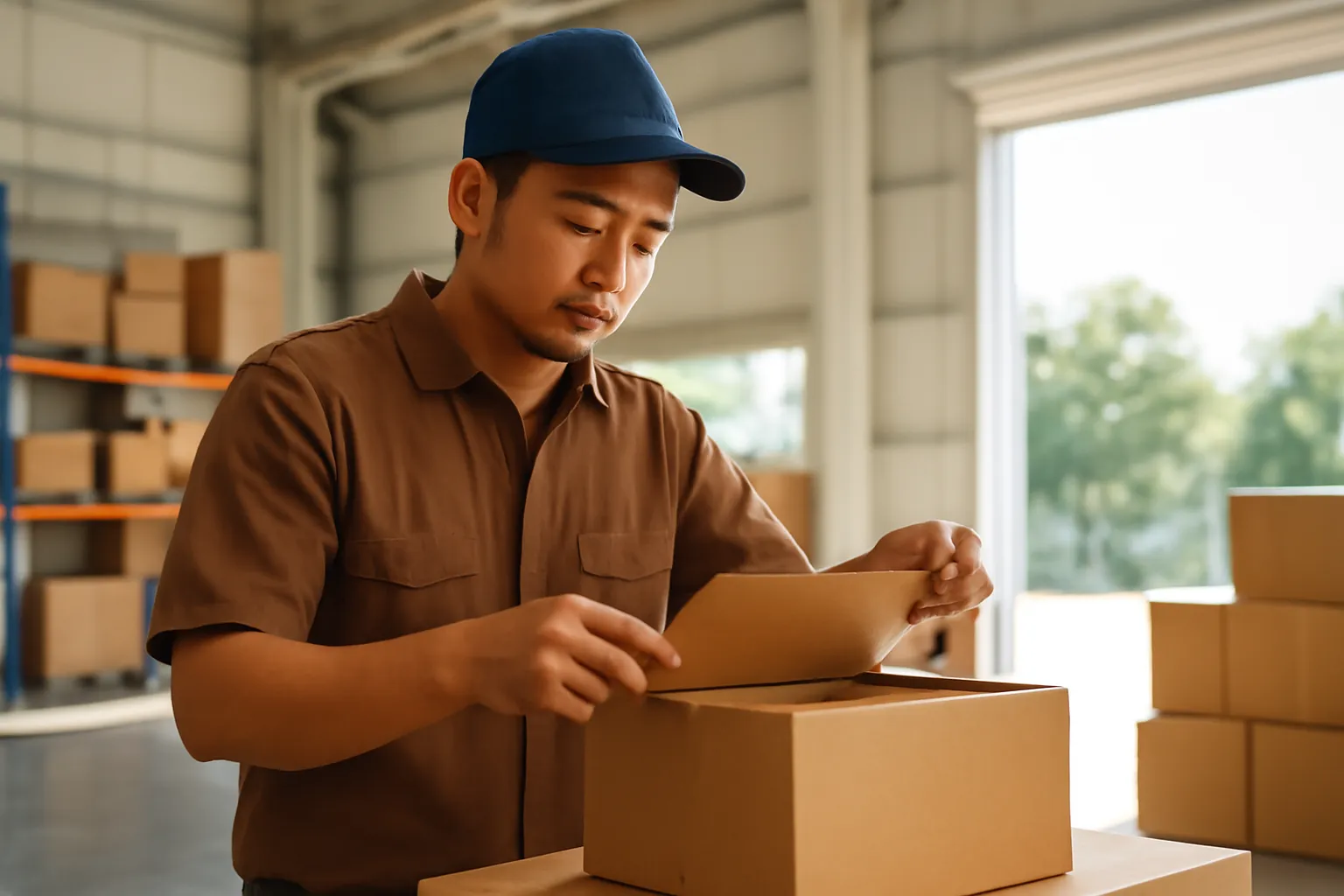 Nhân viên kiểm hàng mở thùng các tông ở cửa kho sáng sủa