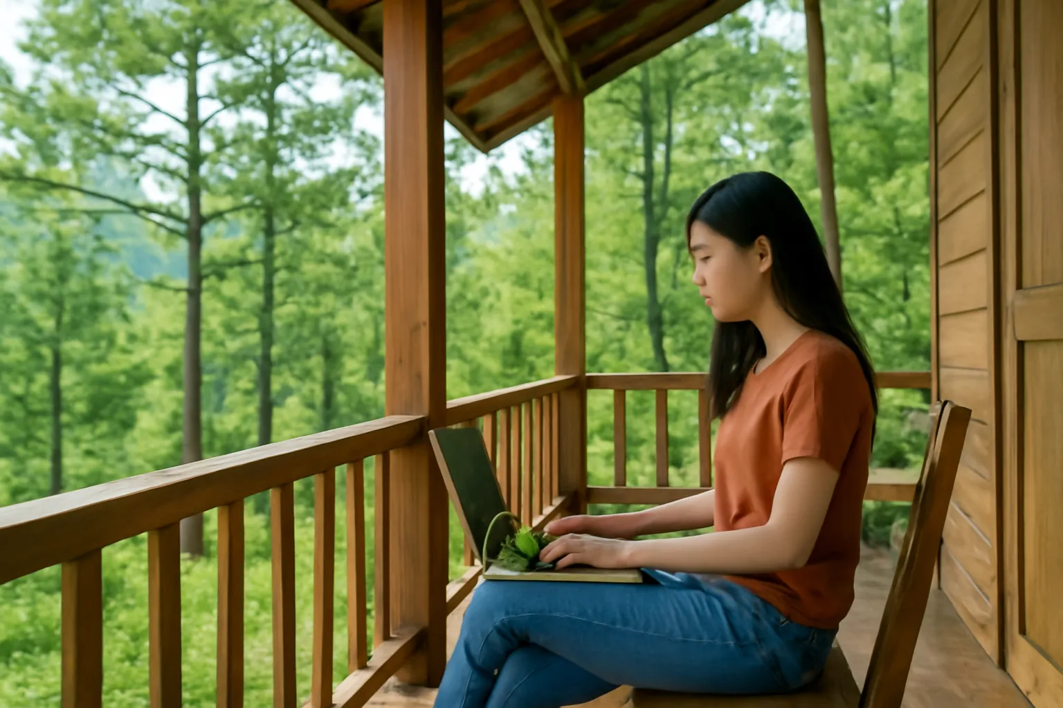 Cô lập trình viên làm việc tự do trên hiên gỗ homestay Đà Lạt