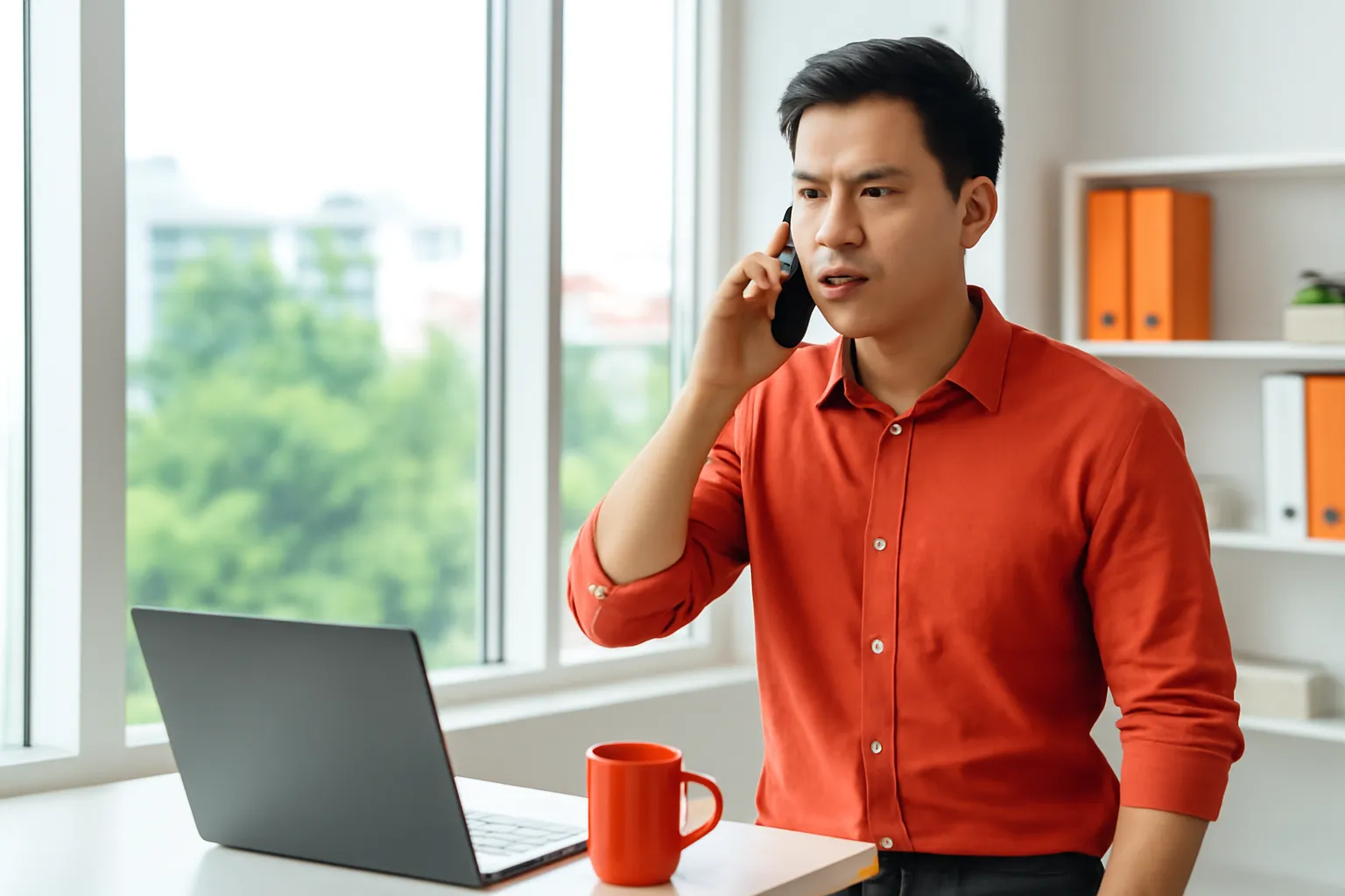Chàng trai gọi điện gấp bên cửa sổ văn phòng sáng