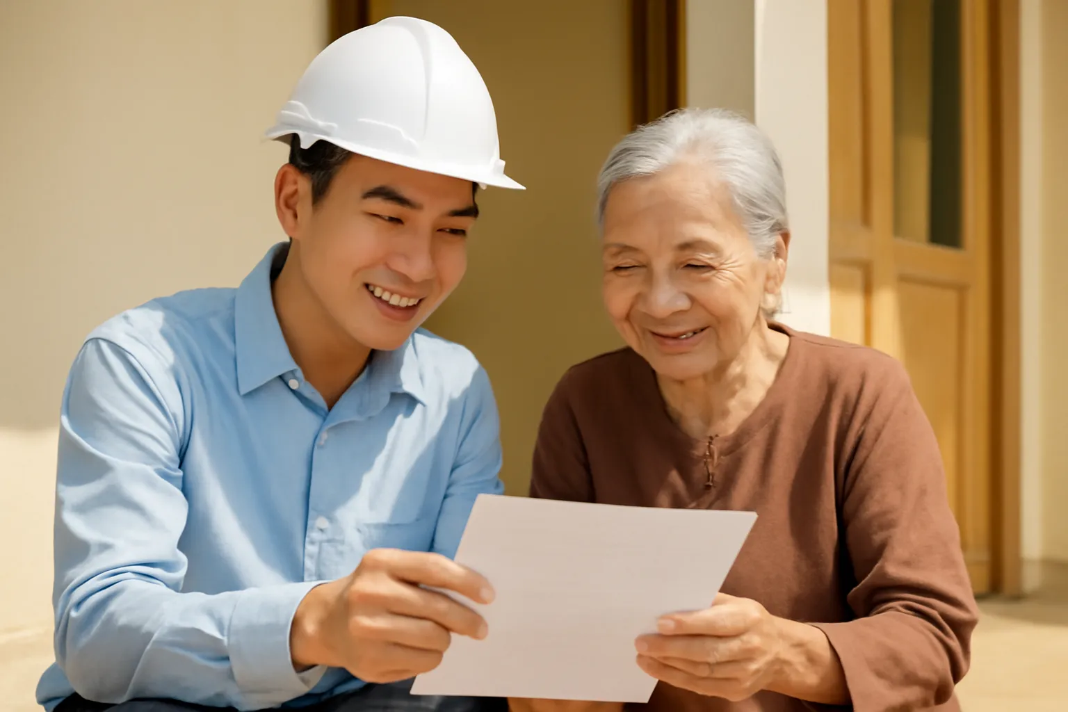 Kỹ sư trẻ và bà cụ cùng xem tờ giấy in ngoài hiên nhà