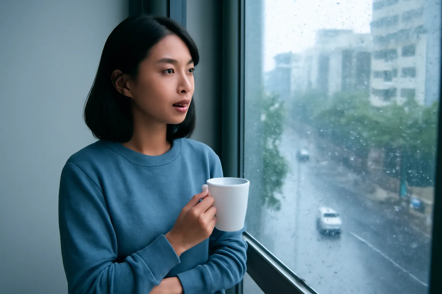 Cô lập trình viên cầm cốc đứng bên cửa kính nhìn mưa ngoài phố
