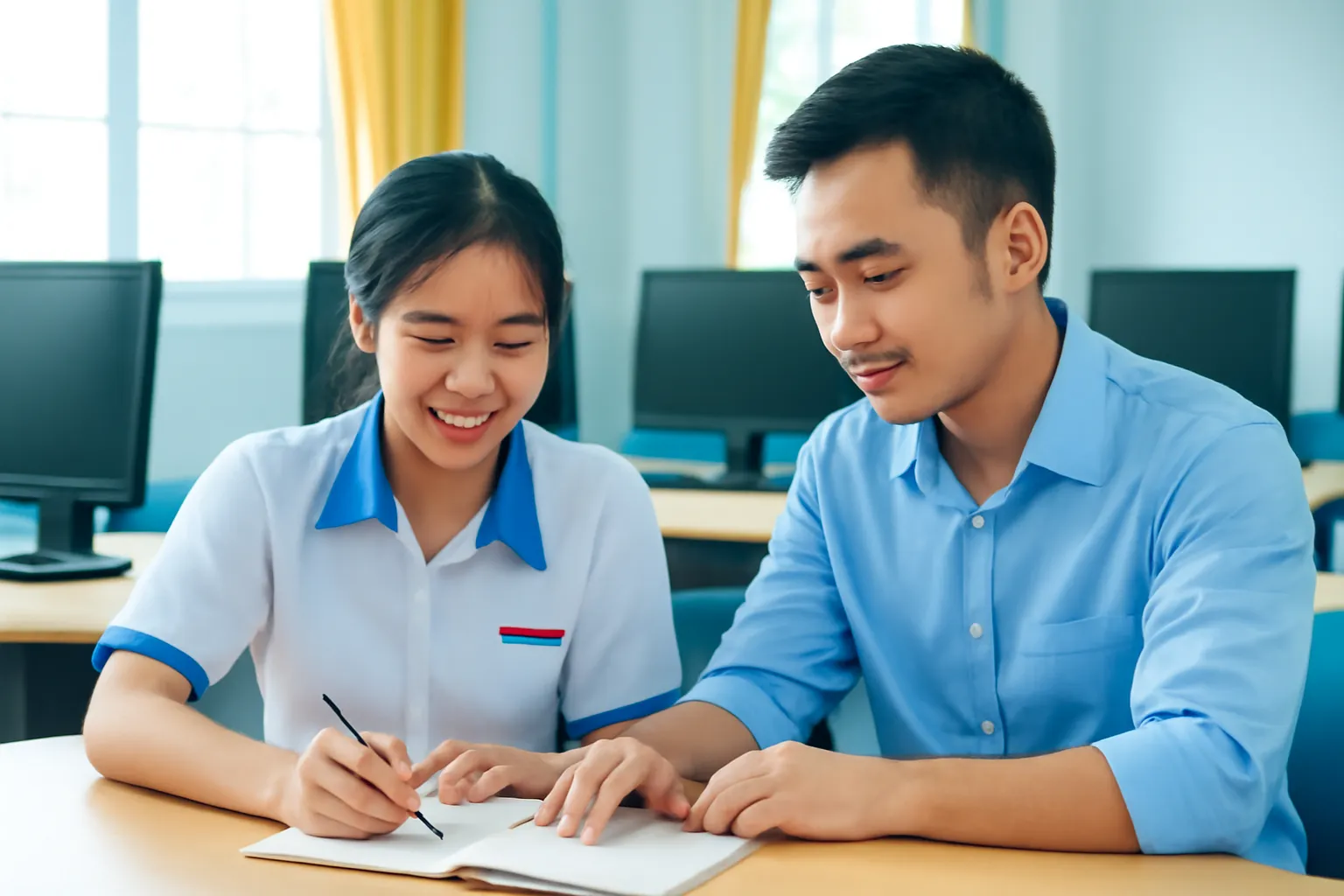 Nữ sinh và thầy giáo trẻ ngồi cạnh nhau trong phòng tin học sáng