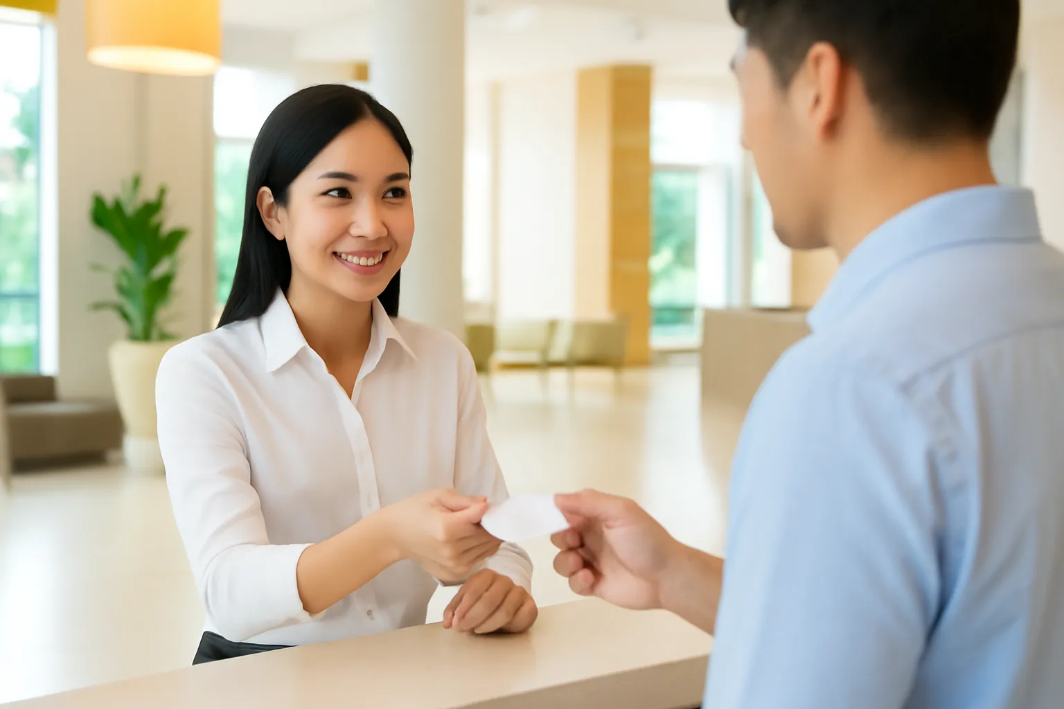 Lễ tân đưa thẻ từ cho khách ở sảnh toà nhà sáng sủa