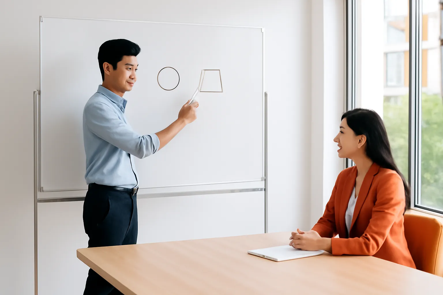 Ứng viên vẽ trên bảng trắng trong khi người phỏng vấn ngồi nhìn