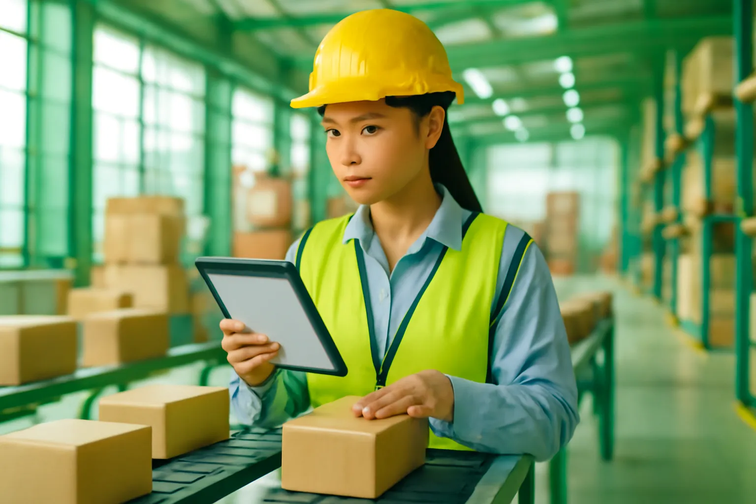 Cô kỹ sư kiểm tra các gói hàng nhỏ trên băng chuyền trong kho