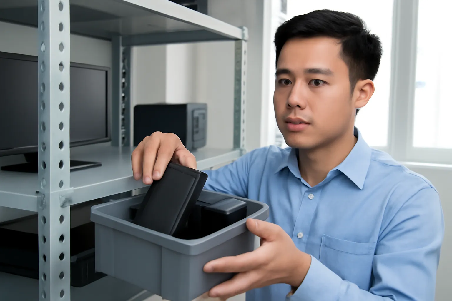 Kỹ sư xếp các ổ cứng ngoài vào hộp trên kệ