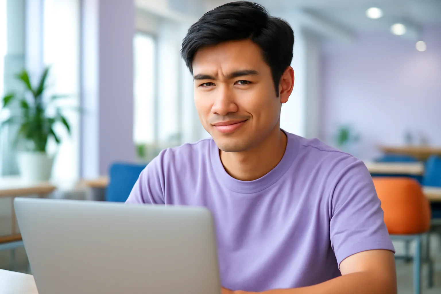 Chàng trai nhướng mày cười nghi ngờ khi nhìn vào máy tính