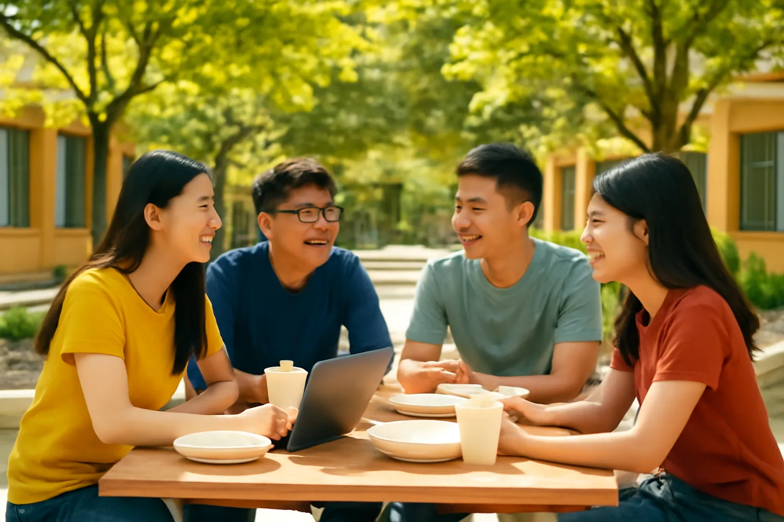 Nhóm lập trình viên trẻ cười nói bên bàn ăn trưa ngoài trời