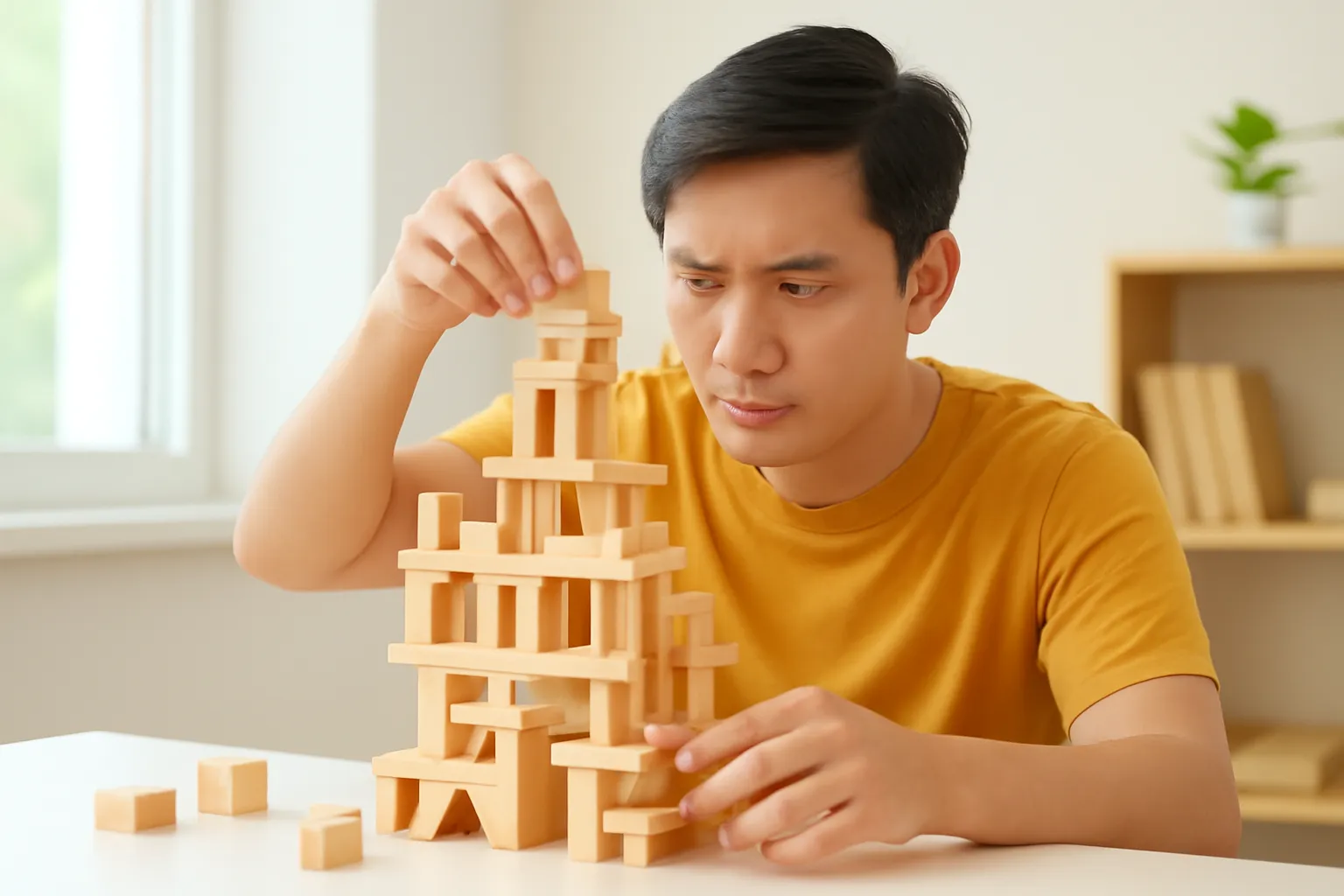 Chàng trai tập trung lắp một mô hình khối gỗ phức tạp trên bàn