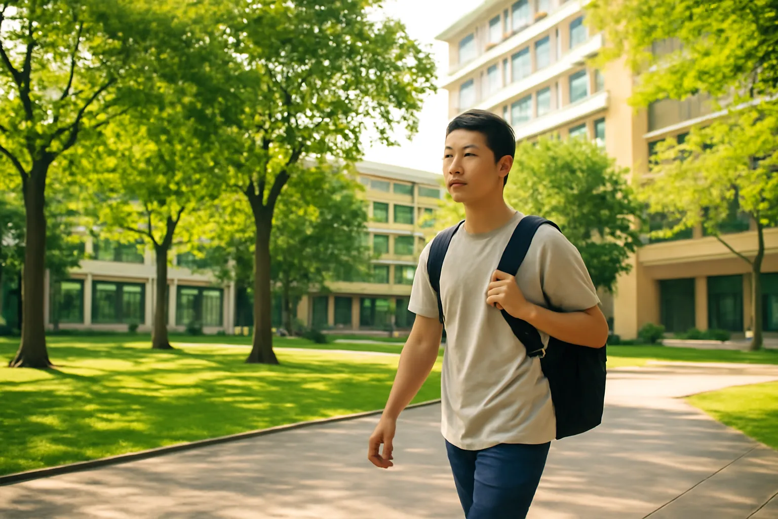 Chàng sinh viên đeo ba lô đi qua sân trường đại học rợp cây xanh