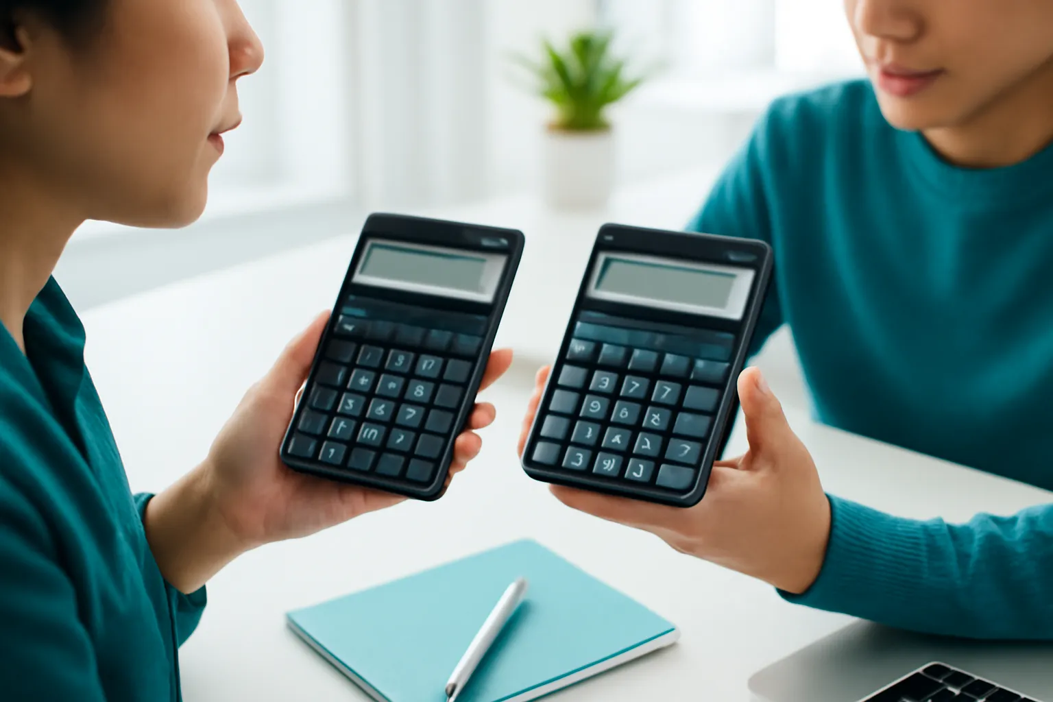 Cô kế toán và anh lập trình viên so hai máy tính cầm tay