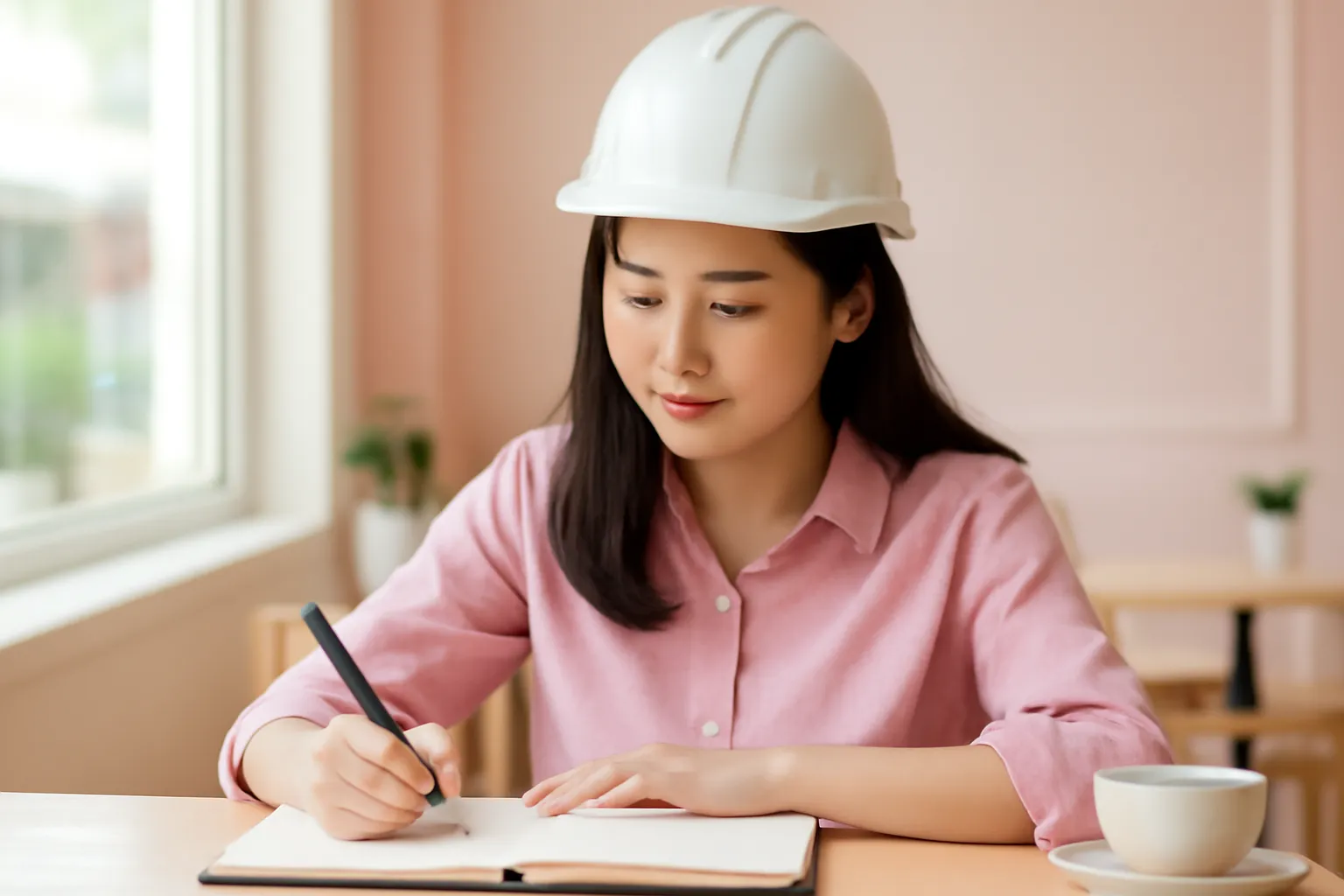 Cô kỹ sư ghi chép trong cuốn sổ bìa cứng ở quán cà phê sáng