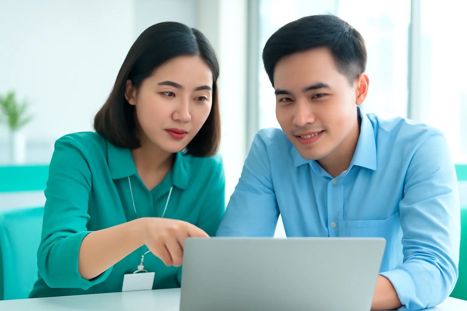 Hai đồng nghiệp chụm đầu nhìn chung một máy tính, một người chỉ tay