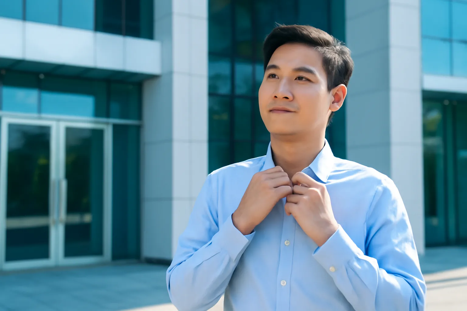 Chàng trai mặc sơ mi chỉnh cổ áo trước sảnh toà văn phòng