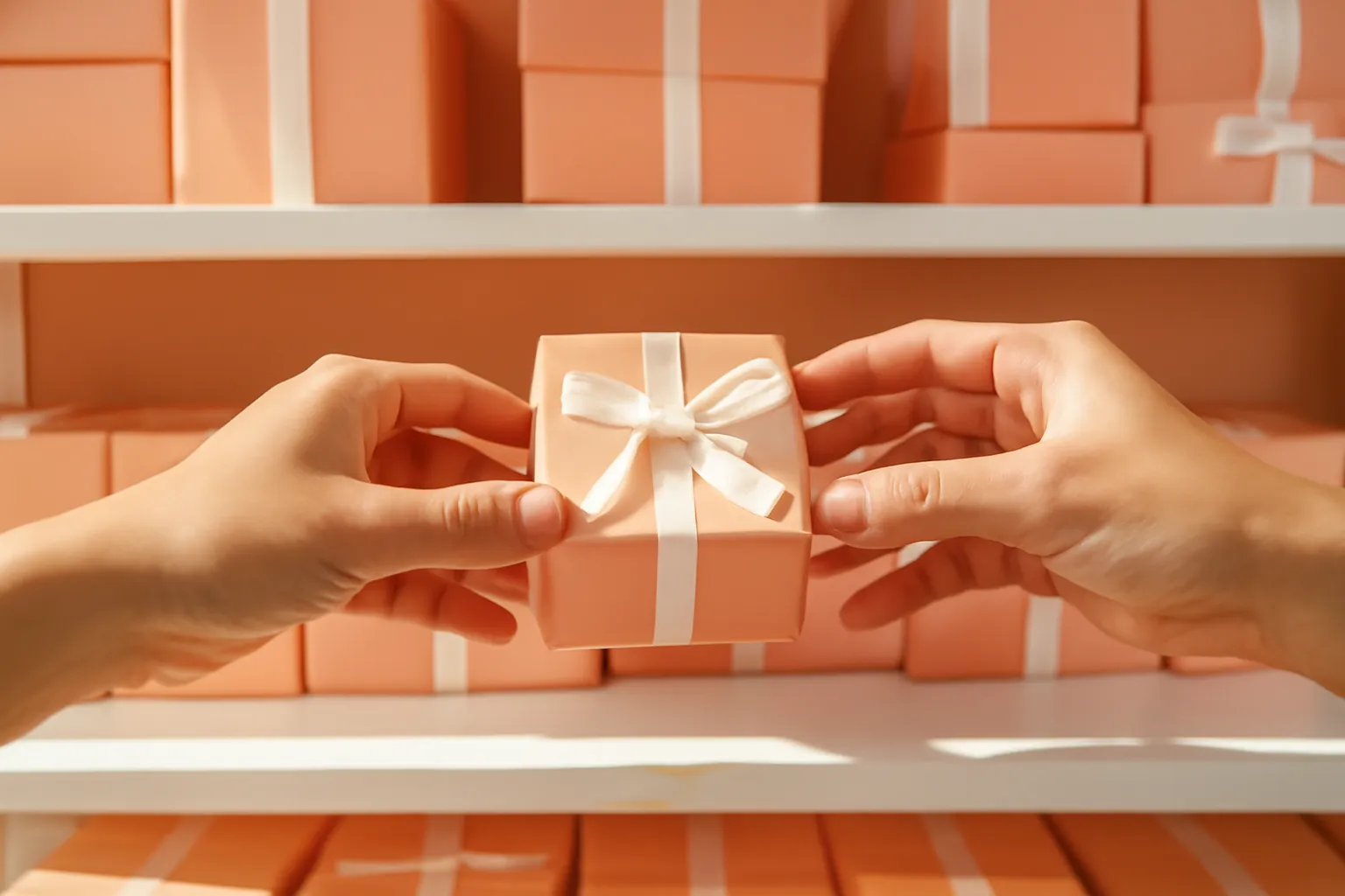 Hai bàn tay cùng với tới chiếc hộp quà cuối cùng trên kệ cửa hàng